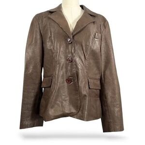 Tahari Leather Blazer Jacket Womens Size‎ L Brown Button Up Long Sleeve Career